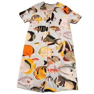 Fish Print midi dress cotton flowy unique rare XL ocean marine beach vacation